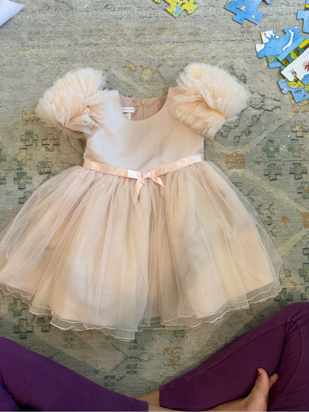 Bonnie Jean Pale Peach Tulle Party Dress with Puff Sleeves
